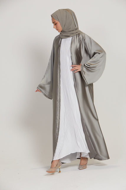 Premium Olive Grey Satin Embellished Open Abaya - Limited Edition
