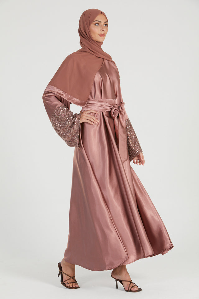 Luxury Satin Closed Abaya with Embellished Lace Cuffs - French Rose - LIMITED EDITION