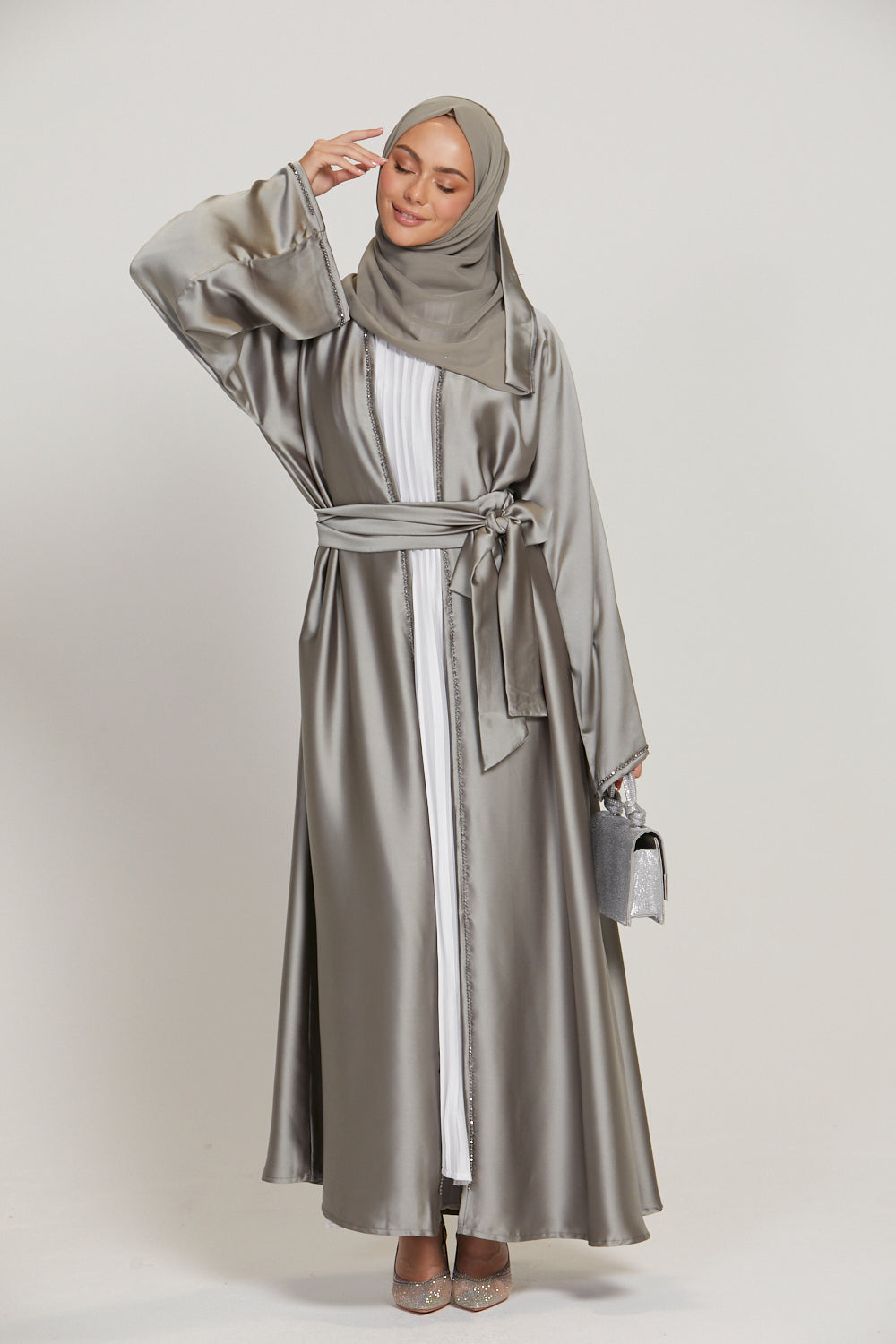 Premium Olive Grey Satin Embellished Open Abaya - Limited Edition