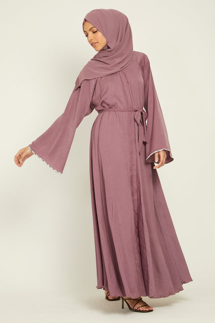 Rose Mauve Embellished Cuff Umbrella Cut Open Abaya