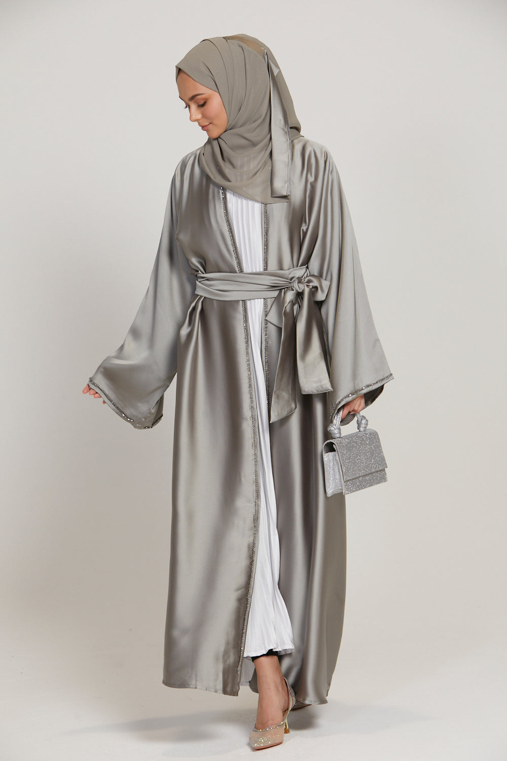 Grey open clearance abaya