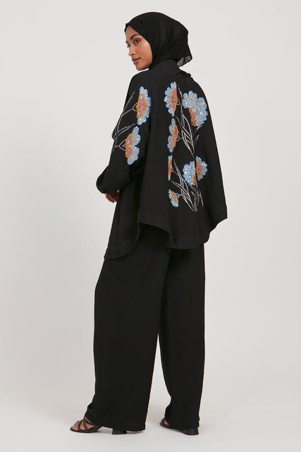 Black Linen Blend Biloba Floral Embellished Kimono Jacket