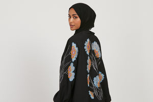 Black Linen Blend Biloba Floral Embellished Kimono Jacket