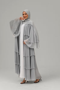 Premium Ice Grey Embellished Layered Open Abaya