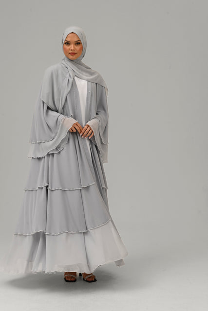 Premium Ice Grey Embellished Layered Open Abaya