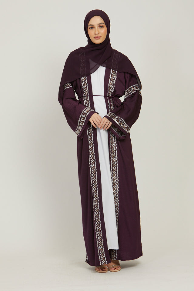 Four Piece Embroidered Open Abaya Set - Purple