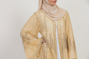 Luxury Golden Beige Glimmer Embellished Open Abaya