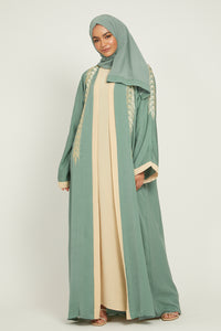 Four Piece Floral Motif Embroidered Open Abaya - Mint