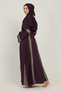 Four Piece Embroidered Open Abaya Set - Purple