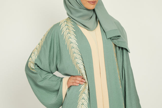 Four Piece Floral Motif Embroidered Open Abaya - Mint