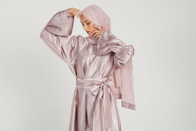 Premium Four Piece Satin Open Abaya Set - Light Mink - Limited Edition