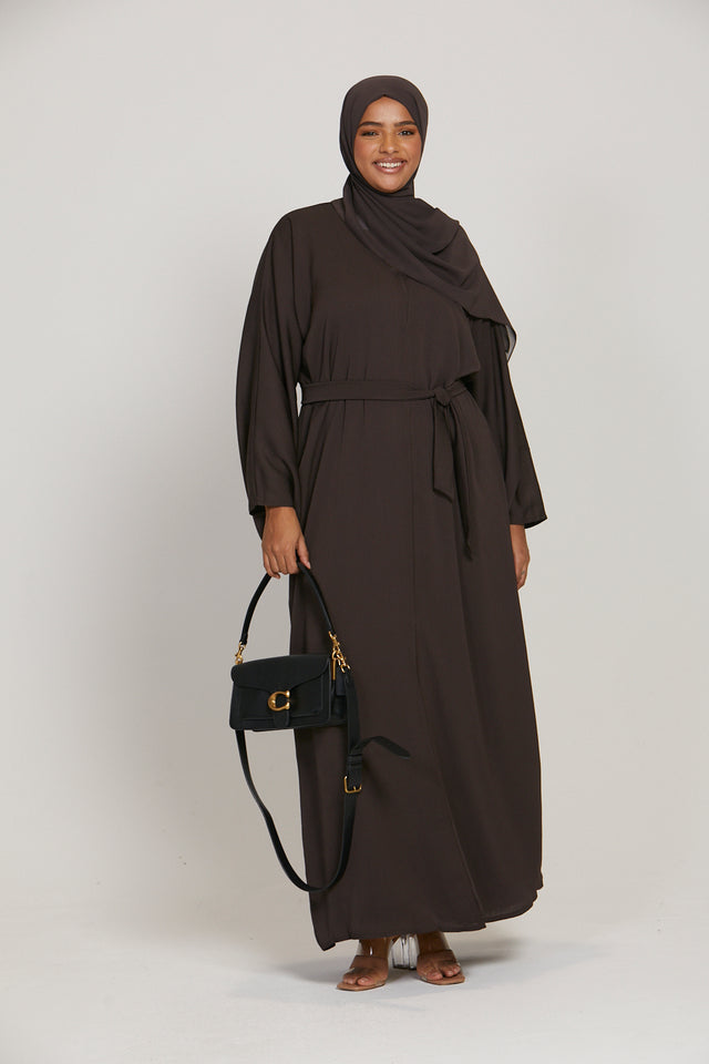 Plus Size Premium Textured Open Abaya - Dark Brown