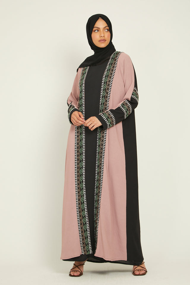 Four Piece Aztec Embroidered Open Abaya - Blush and Black