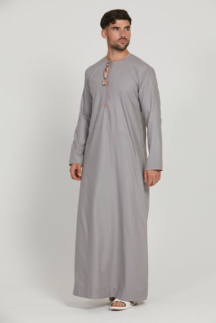 Premium Omani Thobe - Opal Grey with Rose Dust Embroidery