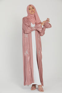 Silver Embellished Blush Organza Open Abaya with Ruched Cuffs