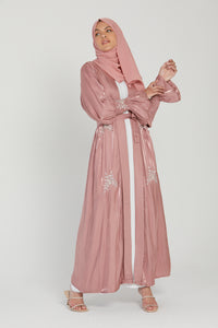 Silver Embellished Blush Organza Open Abaya with Ruched Cuffs