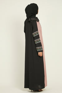 Four Piece Aztec Embroidered Open Abaya - Blush and Black
