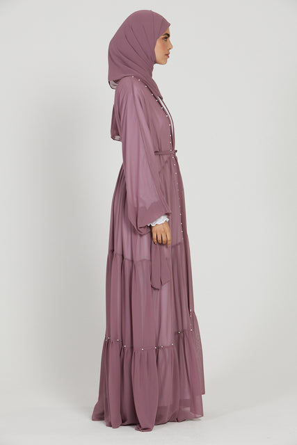 Four Piece Chiffon Open Abaya Set with Pearls - Dusty Pink