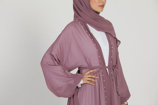 Four Piece Chiffon Open Abaya Set with Pearls - Dusty Pink