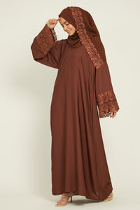 Terracotta Closed Abaya with Embellished Lace Cuff