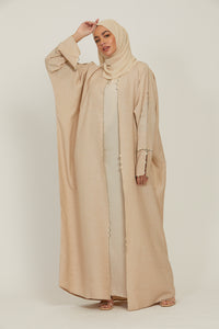 Luxury Three Piece Open Abaya with Dainty Detailing - Natural