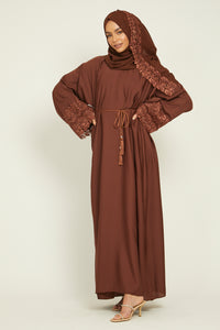 Terracotta Closed Abaya with Embellished Lace Cuff