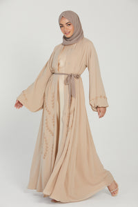 Chiffon Open Abaya with Embellished Balloon Sleeves - Nude