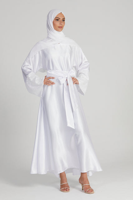 Luxury Satin Closed Abaya with Embellished Lace Cuffs - Royal White - LIMITED EDITION