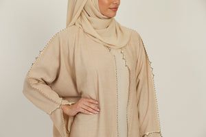 Luxury Three Piece Open Abaya with Dainty Detailing - Natural