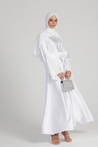 Luxury Satin Closed Abaya with Embellished Lace Cuffs - Royal White - LIMITED EDITION