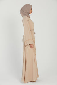 Chiffon Open Abaya with Embellished Balloon Sleeves - Nude