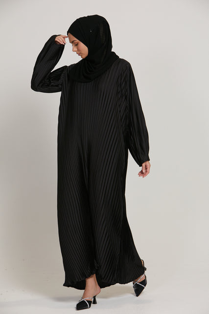 Pleated Satin Inner Slip Dress - Black - Long Sleeve