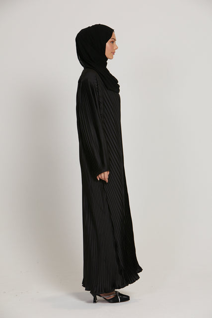 Pleated Satin Inner Slip Dress - Black - Long Sleeve