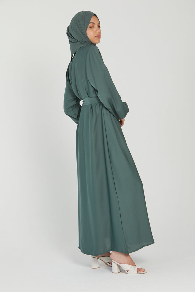 Open Abaya with Elasticated Cuffs - Bottle Green