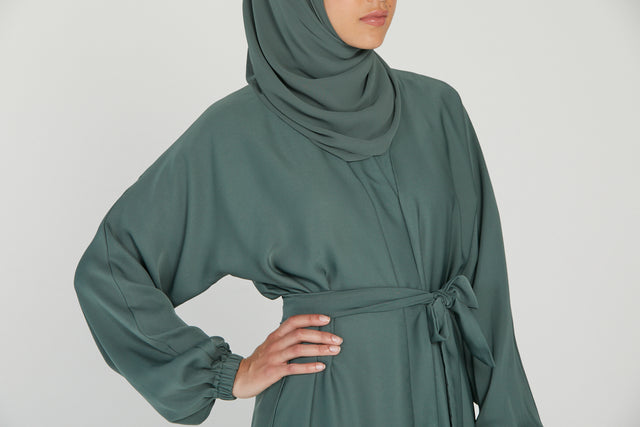 Open Abaya with Elasticated Cuffs - Bottle Green