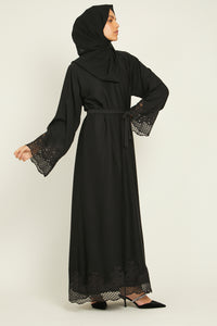Luxury Closed Abaya with Dainty Lace Detailing- Black