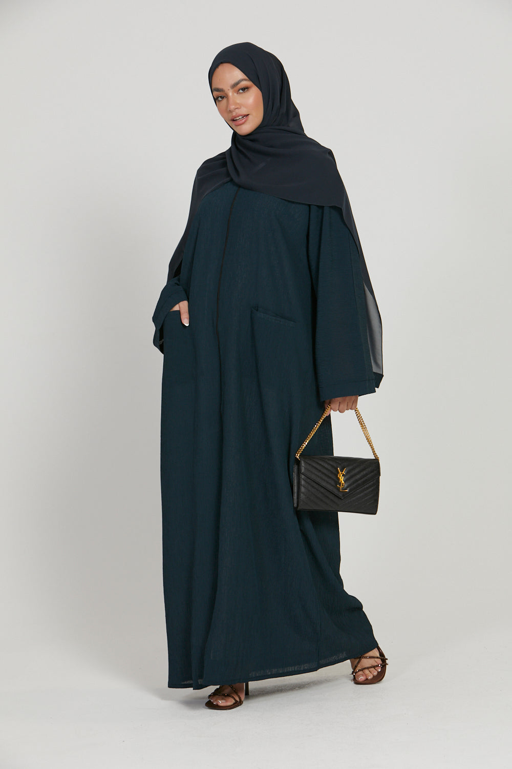 Premium Semi Closed Abaya with Zip and Pockets - Petrol Blue
