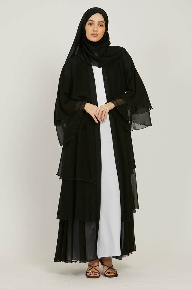 Chiffon Layered Open Abaya - Black