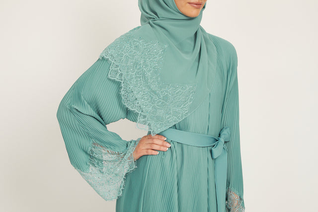 Premium Pleated Floral Lace Cuff Abaya - Aqua