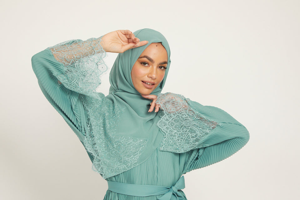 Premium Pleated Floral Lace Cuff Abaya - Aqua