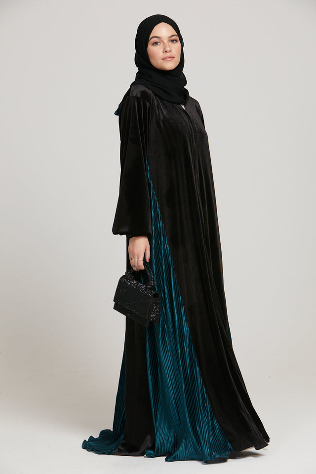 Black Velvet Open Abaya with Satin Pleats - Deep Teal Green