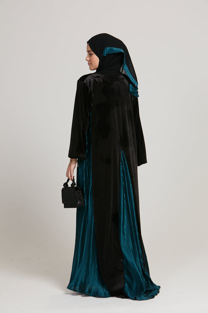 Black Velvet Open Abaya with Satin Pleats - Deep Teal Green