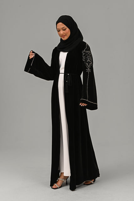 Black Velvet Open Abaya with Motif Detailed Embellishments