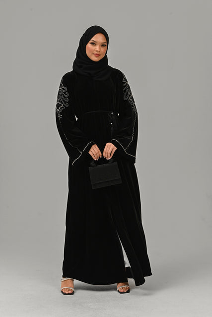Black Velvet Open Abaya with Motif Detailed Embellishments