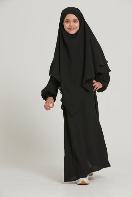 Junior Girls Abaya with Khimar Set - Black
