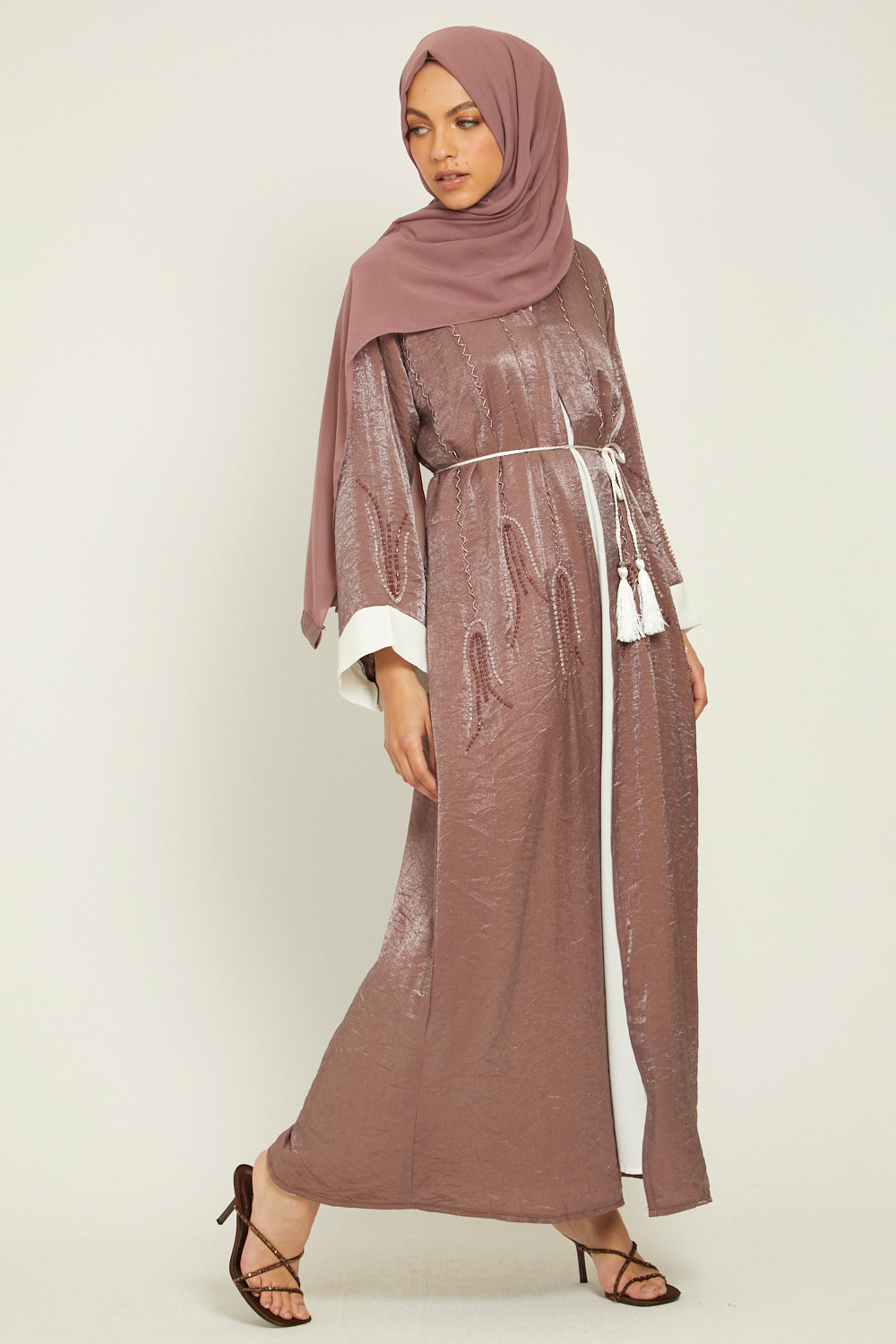 Three Piece Shimmer Mauve Embellished Open Abaya