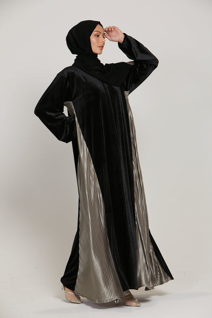 Black Velvet Open Abaya with Satin Pleats - Golden Olive