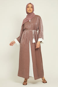 Four Piece Shimmer Mauve Embellished Open Abaya