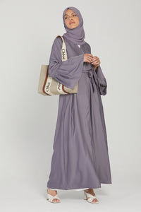 Lilac Grey Open Abaya with Bell Sleeves