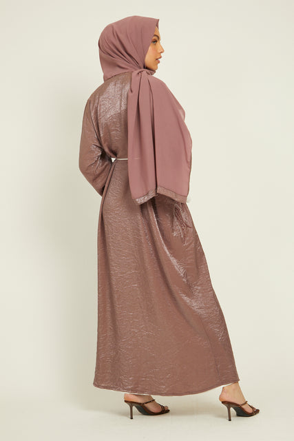 Four Piece Shimmer Mauve Embellished Open Abaya